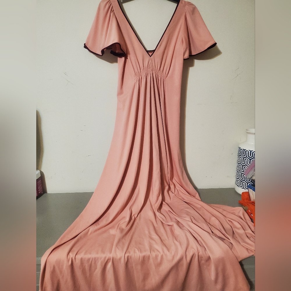 70s Pink Maxi Dress Velvet Trim Boho Flutter Sleeve 70s Evening Dress Prom